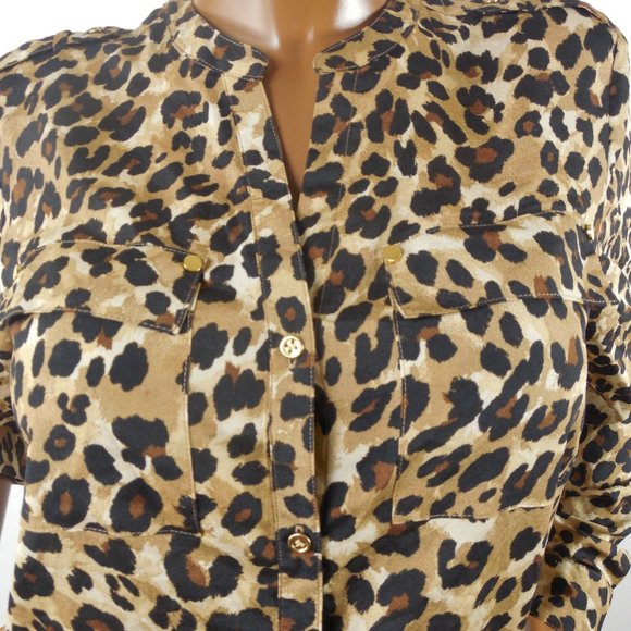CHARTER CLUB Top M Leopard Print Button Down Blouse 3/4 Roll Tab Long Sleeves - Picture 3 of 9